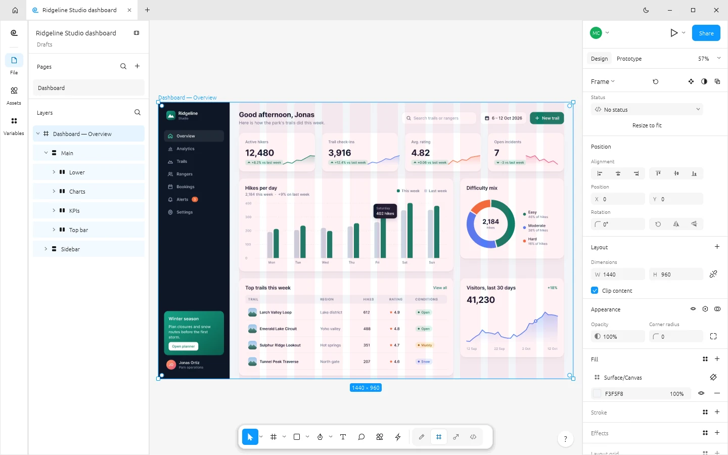 Layout grids and styles in the light theme of FigCraft